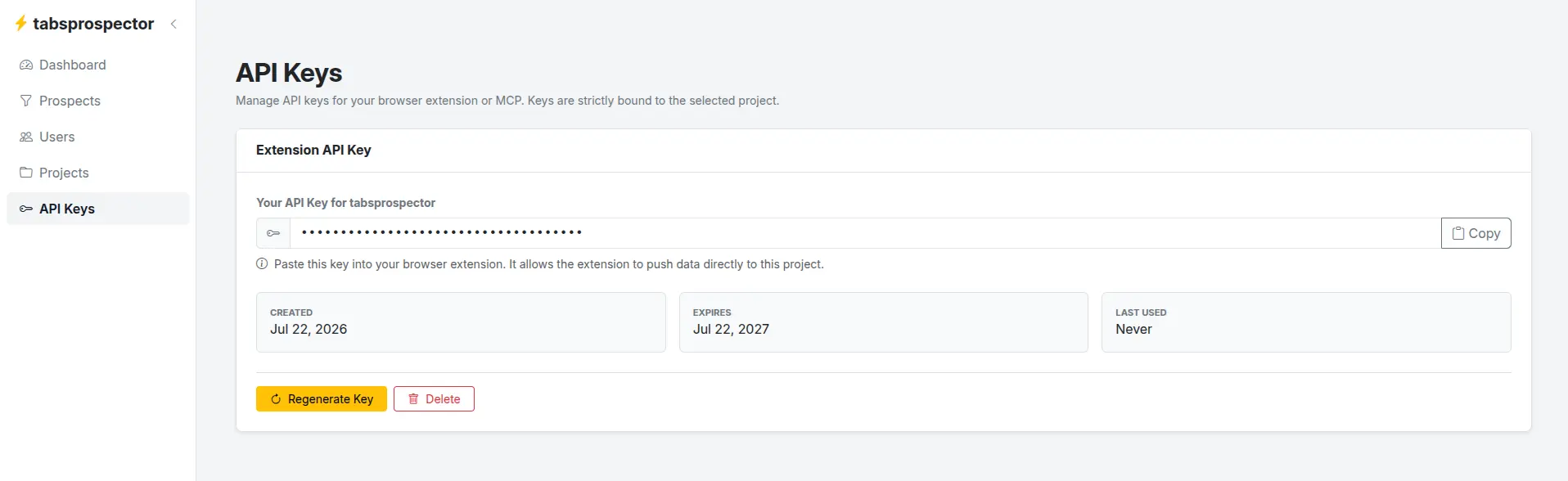 API Keys Page with Generated Key