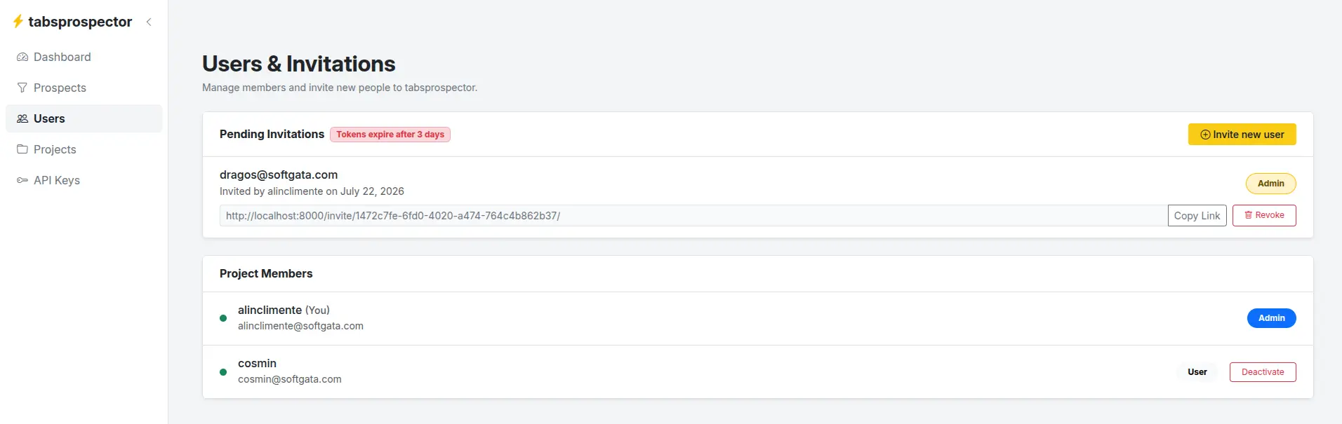 Users Invitations Page